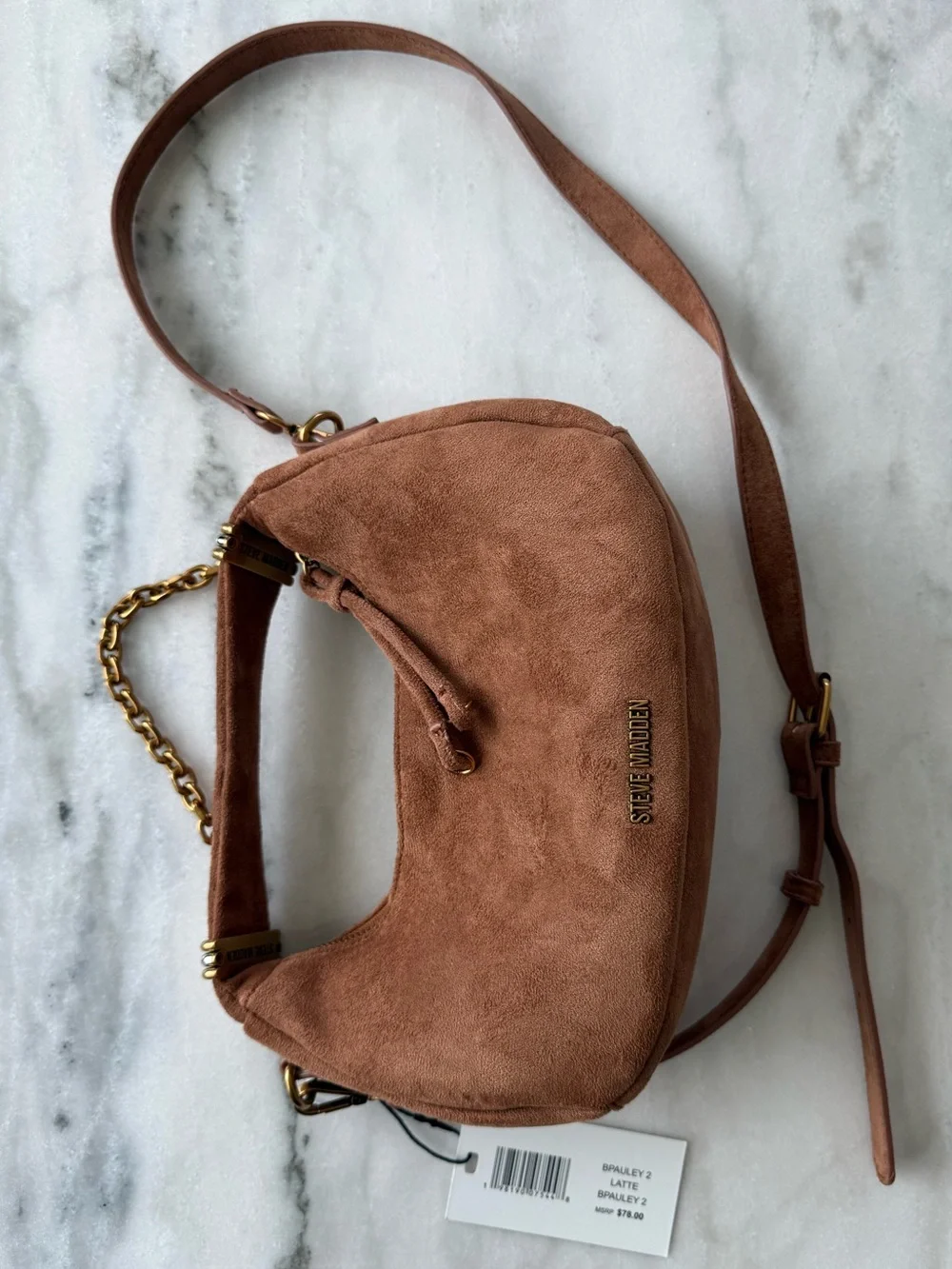 Steve Madden NWT Bpauley 2 Suede Shoulder Bag Latte Brown Gold Chain